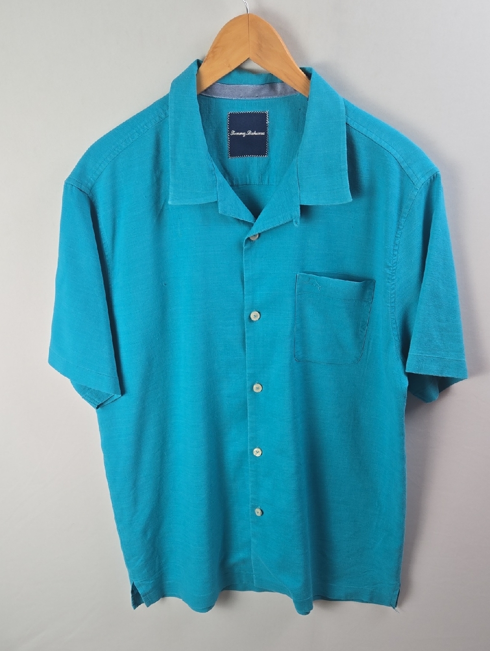 Tommy Bahama Short Sleeve Linen Blend Camp Shirt Turquoise Sz L Vacation Resort